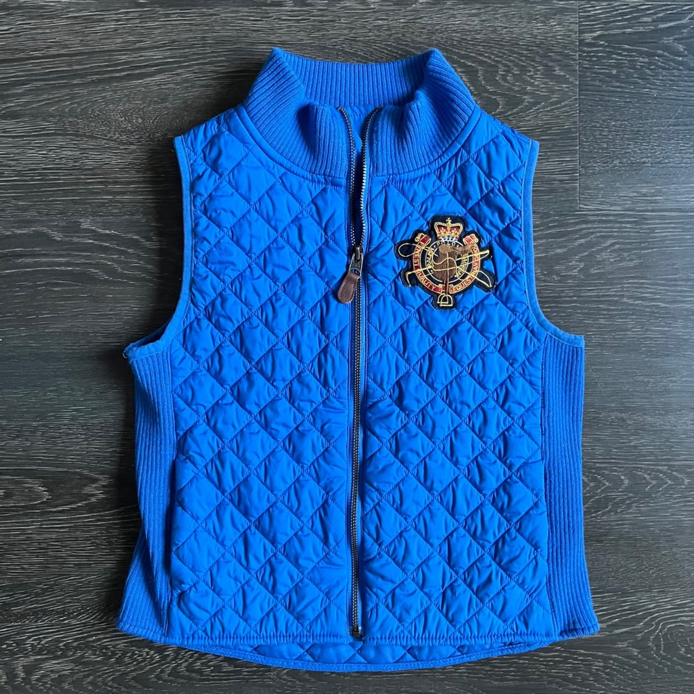 Ralph Lauren Kids Blue Quilted Vest Equestrian Crest Mock Neck Zip Up XL Preppy
